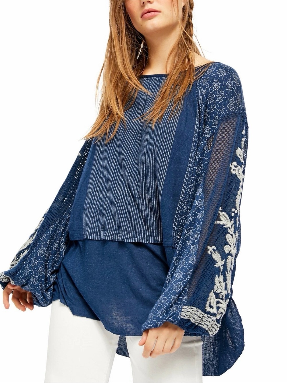 Free People Women’s Indigo Dreams Printed Embroidered Blue Mesh Tunic Top Size S